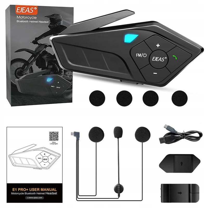 ejeas e1 motorcycle helmet bluetooth Headset, Bluetooth 5.3 Helmet Speaker with Noise Reduction and IP65 Waterproof, Voice Assistant for Single Rider Use : Electronics EJEAS E1+ motorcycle helmet Bluetooth headset EJEAS E1+ Motorcycle Helmet Bluetooth
