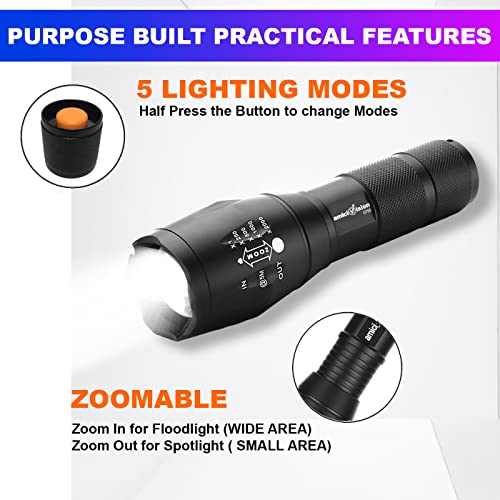 Metal LED Flashlight, XHP50 Zoomable Torch with 5 Modes, Rechargeable 2600mAh Battery & Water-Resistant Body