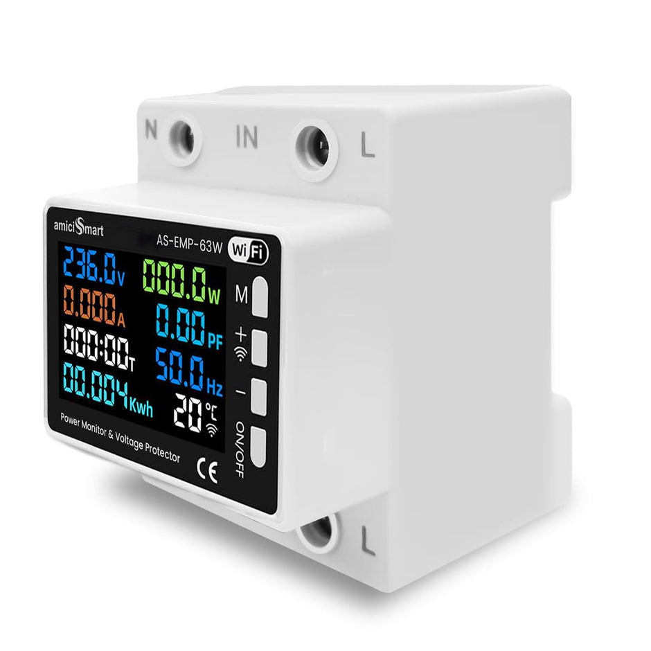 8-in-1 Digital Energy Meter 63A, 220V with Voltage, Current & Temperature Protection with Wi-Fi & SmartLife App Control