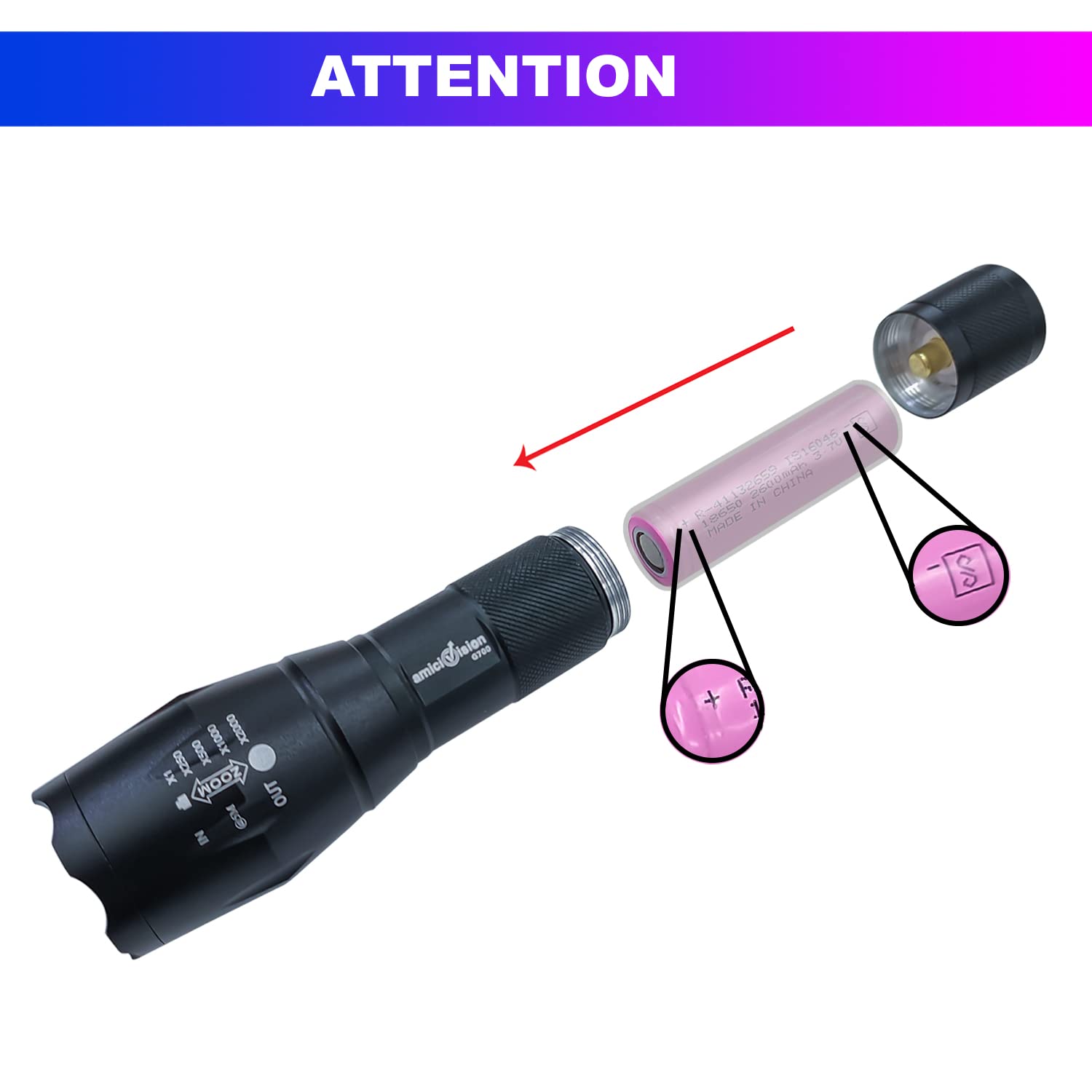 Metal LED Flashlight, XHP50 Zoomable Torch with 5 Modes, Rechargeable 2600mAh Battery & Water-Resistant Body