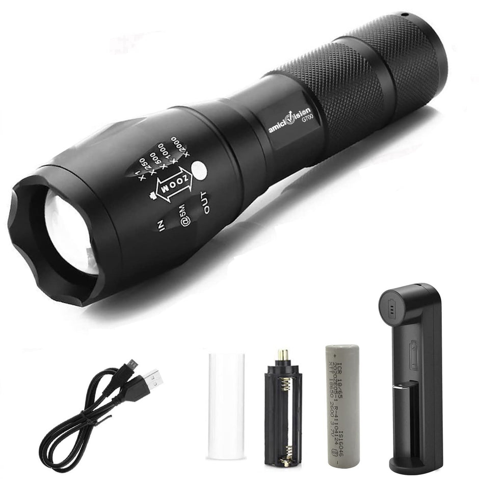 Metal LED Flashlight, XHP50 Zoomable Torch with 5 Modes, Rechargeable 2600mAh Battery & Water-Resistant Body