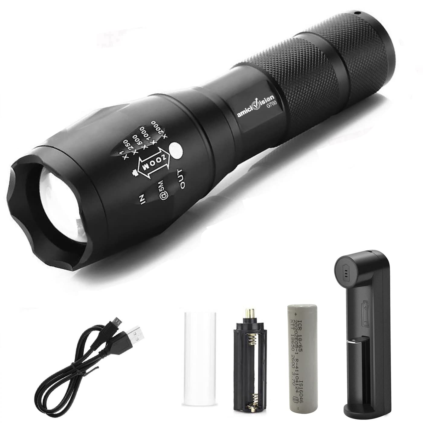 Metal LED Flashlight, XHP50 Zoomable Torch with 5 Modes, Rechargeable 2600mAh Battery & Water-Resistant Body