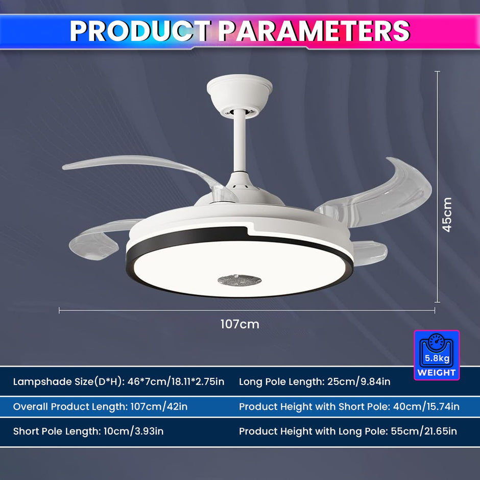 Ceiling Fan with Light & Bluetooth Speaker – Modern Invisible Chandelier, 6 Speeds & Remote