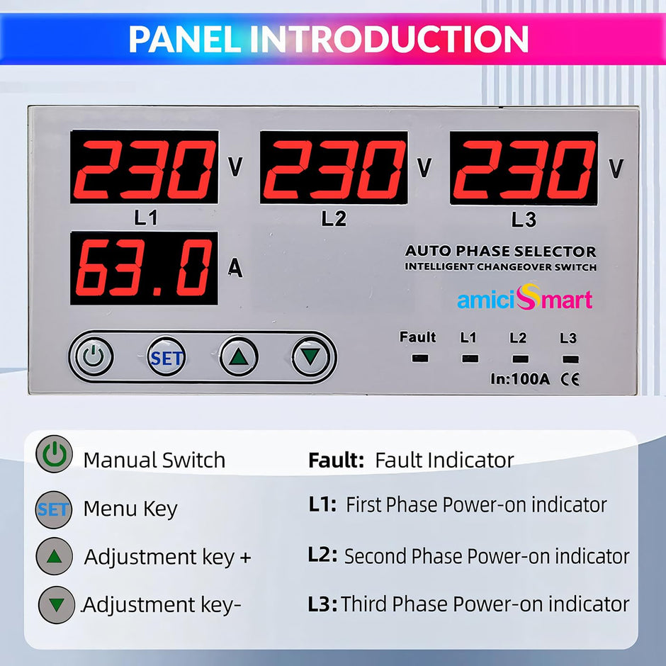 Intelligent 3 Phase to 1 Phase Auto Changeover Switch with Voltage & Overload Protection with Real-Time Display (230VAC)