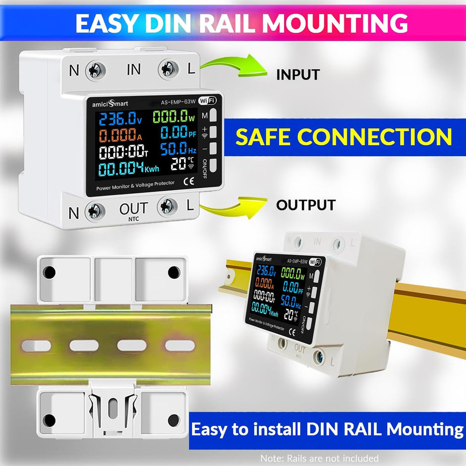 8-in-1 Digital Energy Meter 63A, 220V with Voltage, Current & Temperature Protection with Wi-Fi & SmartLife App Control