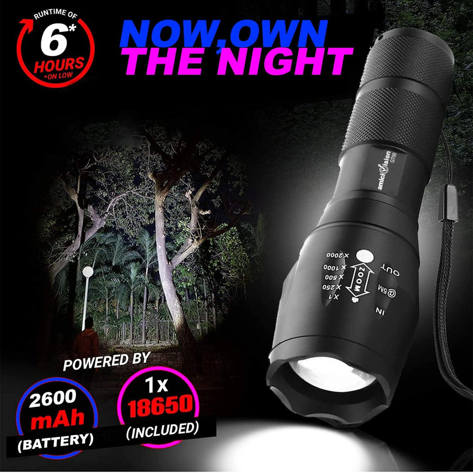Metal LED Flashlight, XHP50 Zoomable Torch with 5 Modes, Rechargeable 2600mAh Battery & Water-Resistant Body