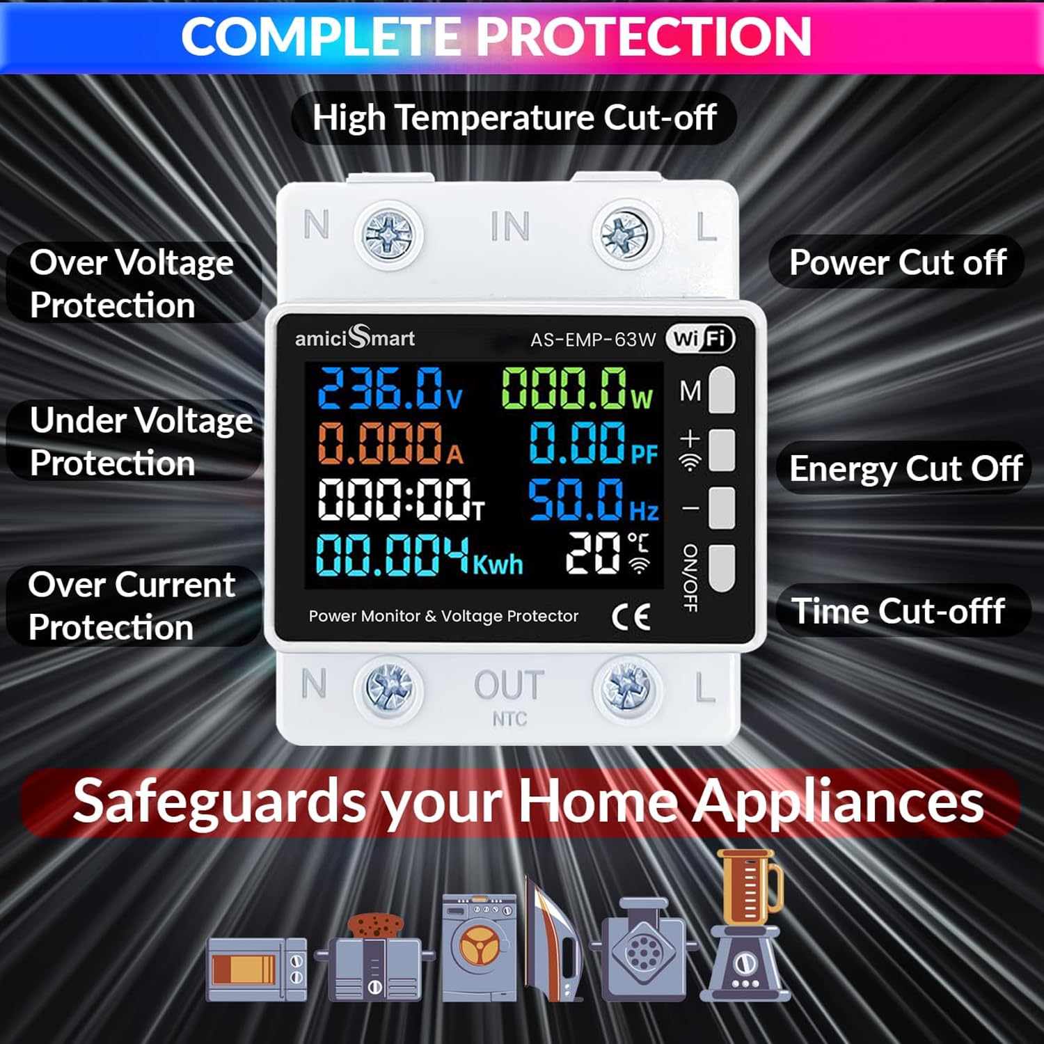 8-in-1 Digital Energy Meter 63A, 220V with Voltage, Current & Temperature Protection with Wi-Fi & SmartLife App Control