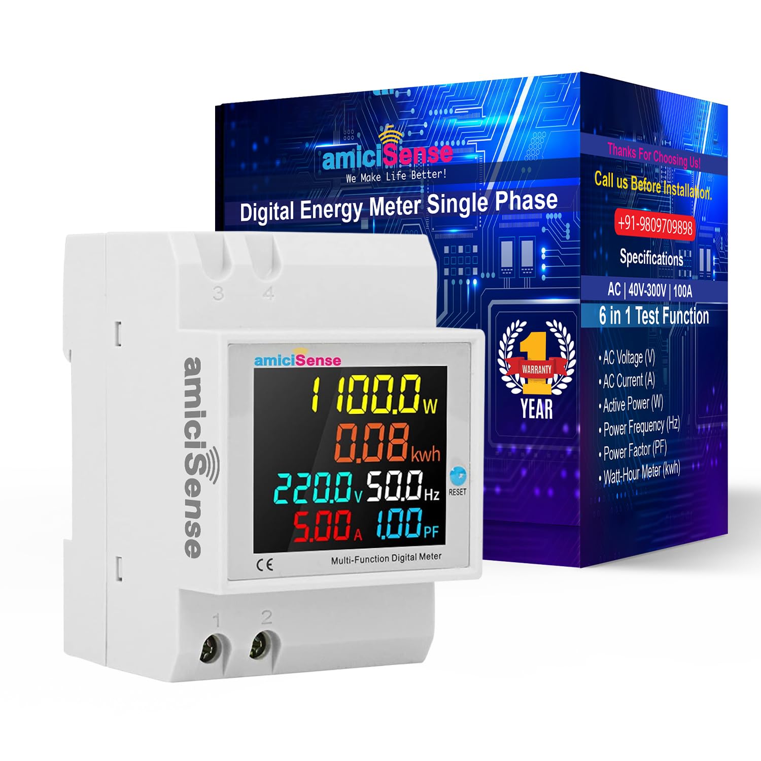 Digital Energy Meter 6-in-1 AC 40-300V 100A for Voltage, Current, Power & Energy Monitoring with Digital LED Display