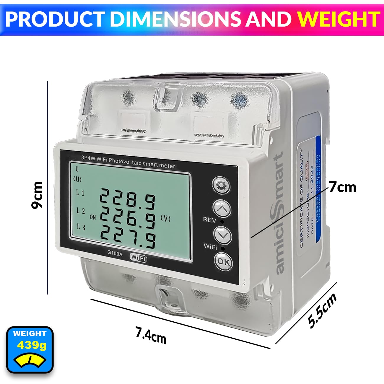 3-Phase WiFi Energy Meter 100A, 22kW Bi-Directional with Voltage/Current Protection, 220V