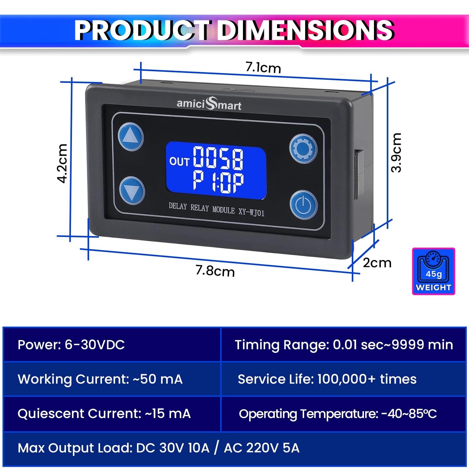 Programmable Timer Relay Module – LCD Display, 0.01s~9999s Timing, Trigger Delay, UART Upload (6–30V DC)