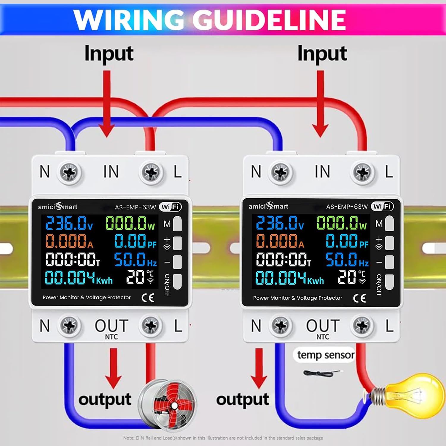 8-in-1 Digital Energy Meter 63A, 220V with Voltage, Current & Temperature Protection with Wi-Fi & SmartLife App Control