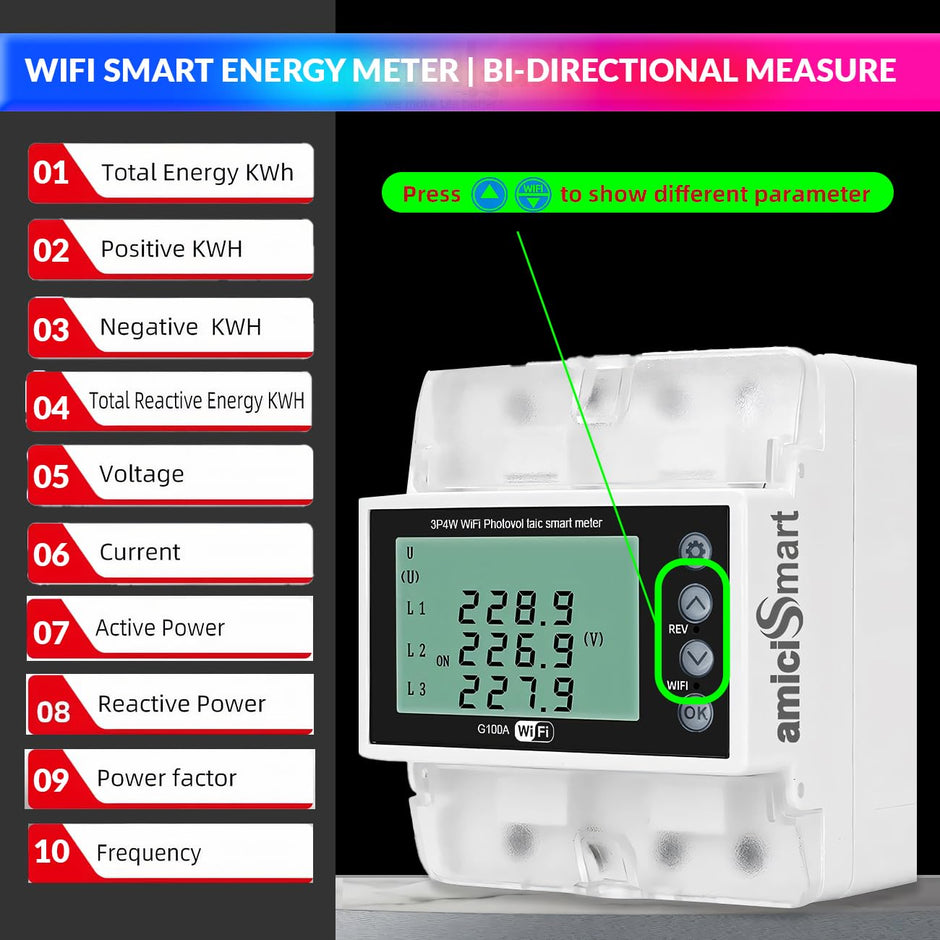 3-Phase WiFi Energy Meter 100A, 22kW Bi-Directional with Voltage/Current Protection, 220V