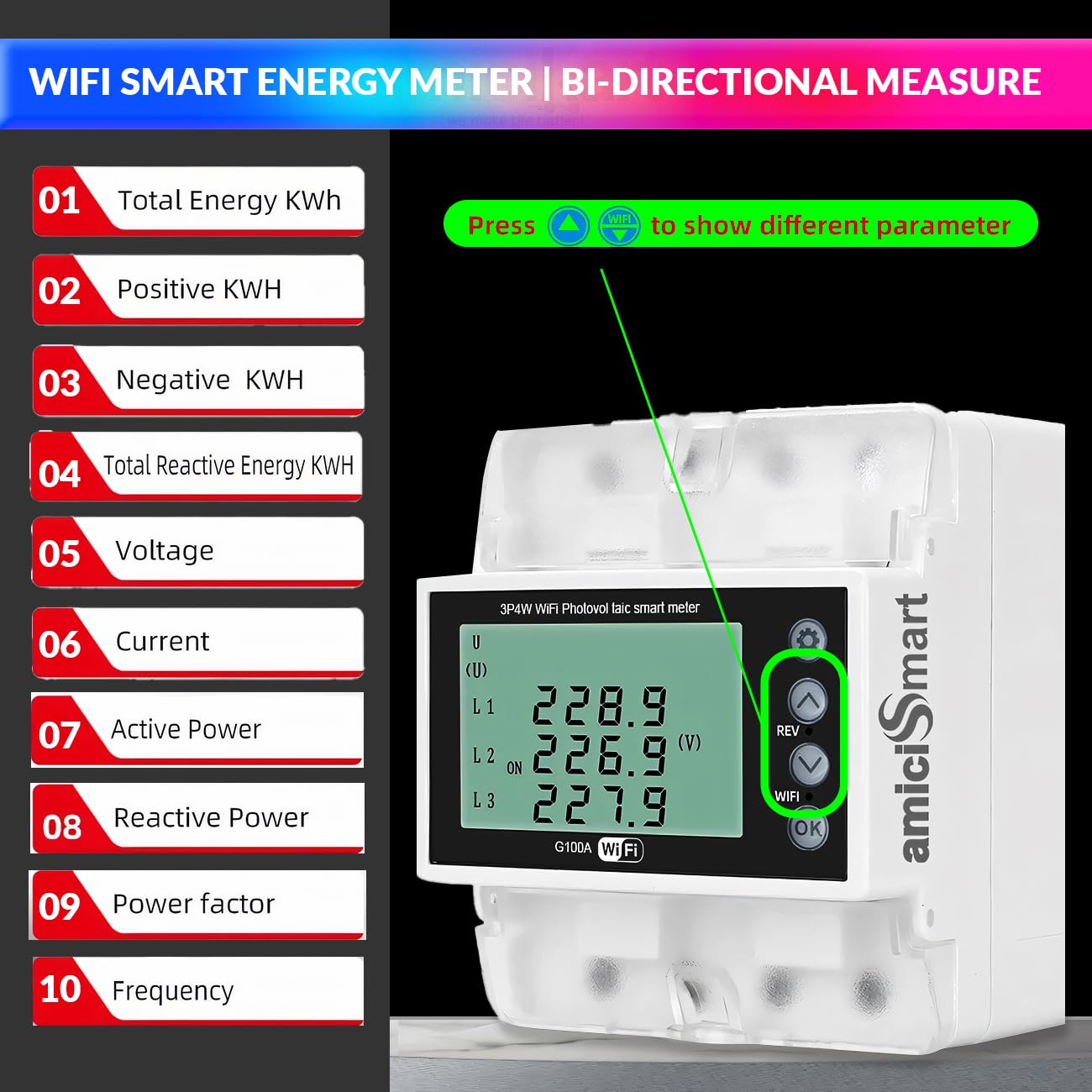 3-Phase WiFi Energy Meter 100A, 22kW Bi-Directional with Voltage/Current Protection, 220V