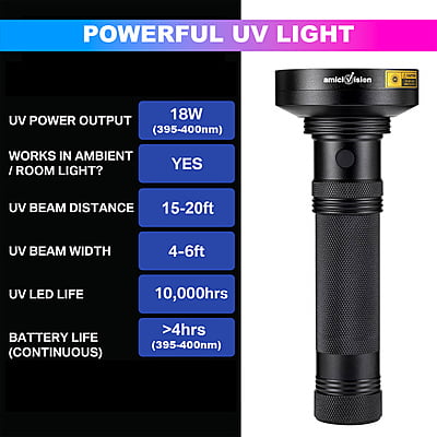 18w 100 LED UV Torch 395 nm Wavelength Ultraviolet Pet Urine, Stain Detector with 6xAA Batteries