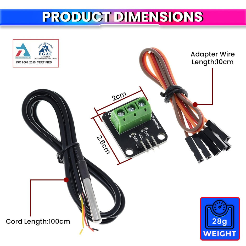 Waterproof Temperature Sensor Module Kit with Stainless Steel Probe & Terminal Adapter High-Precision Digital Sensor amiciKart