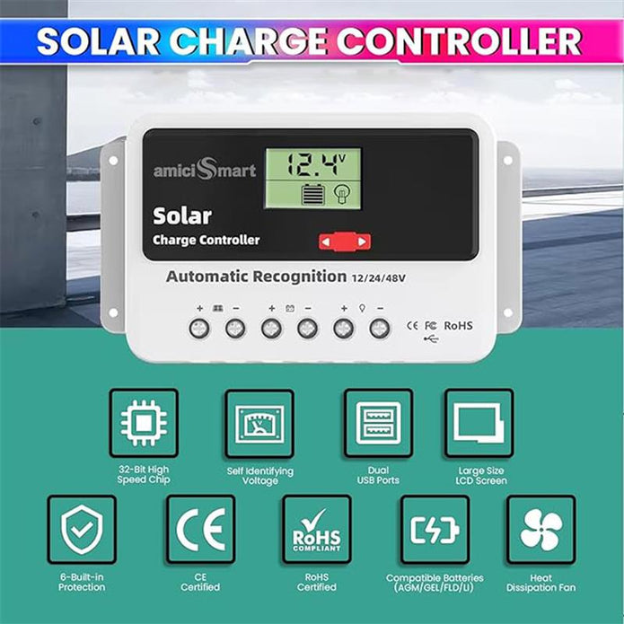 20A Solar Charge Controller Intelligent Battery Regulator for Lead Acid & Lithium Battery with 3A USB Port