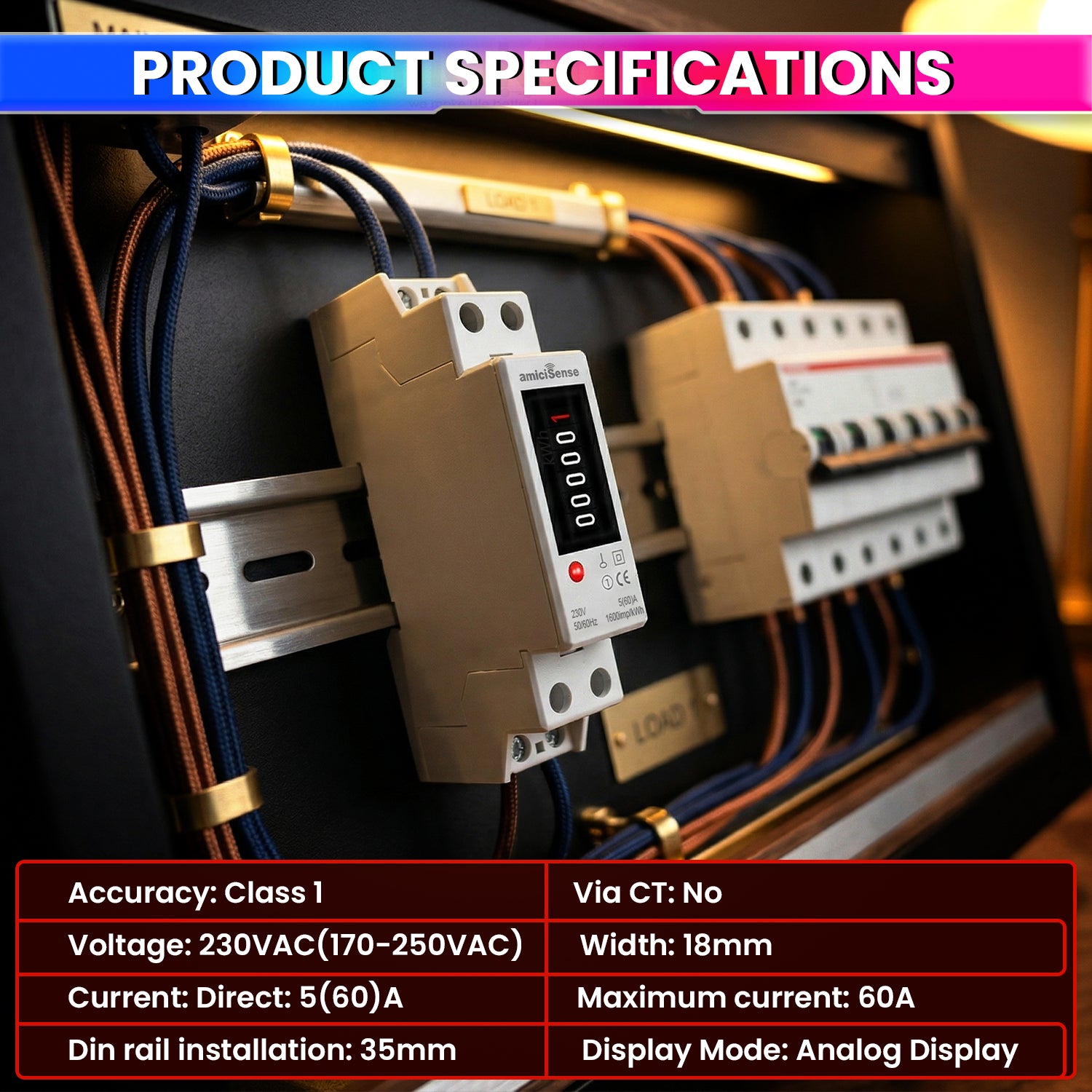 18mm Analog Energy Meter Single Phase 1P 2 Wire 230V 60A | kWh Power Consumption with Mechanical Display