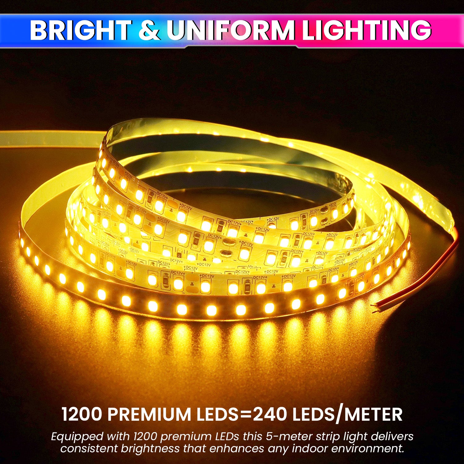 5M LED Strip Light Flexible Lighting for Diwali, Christmas or DIY Home Decoration with 12V 5A Power Adapter (240 LEDs/m)