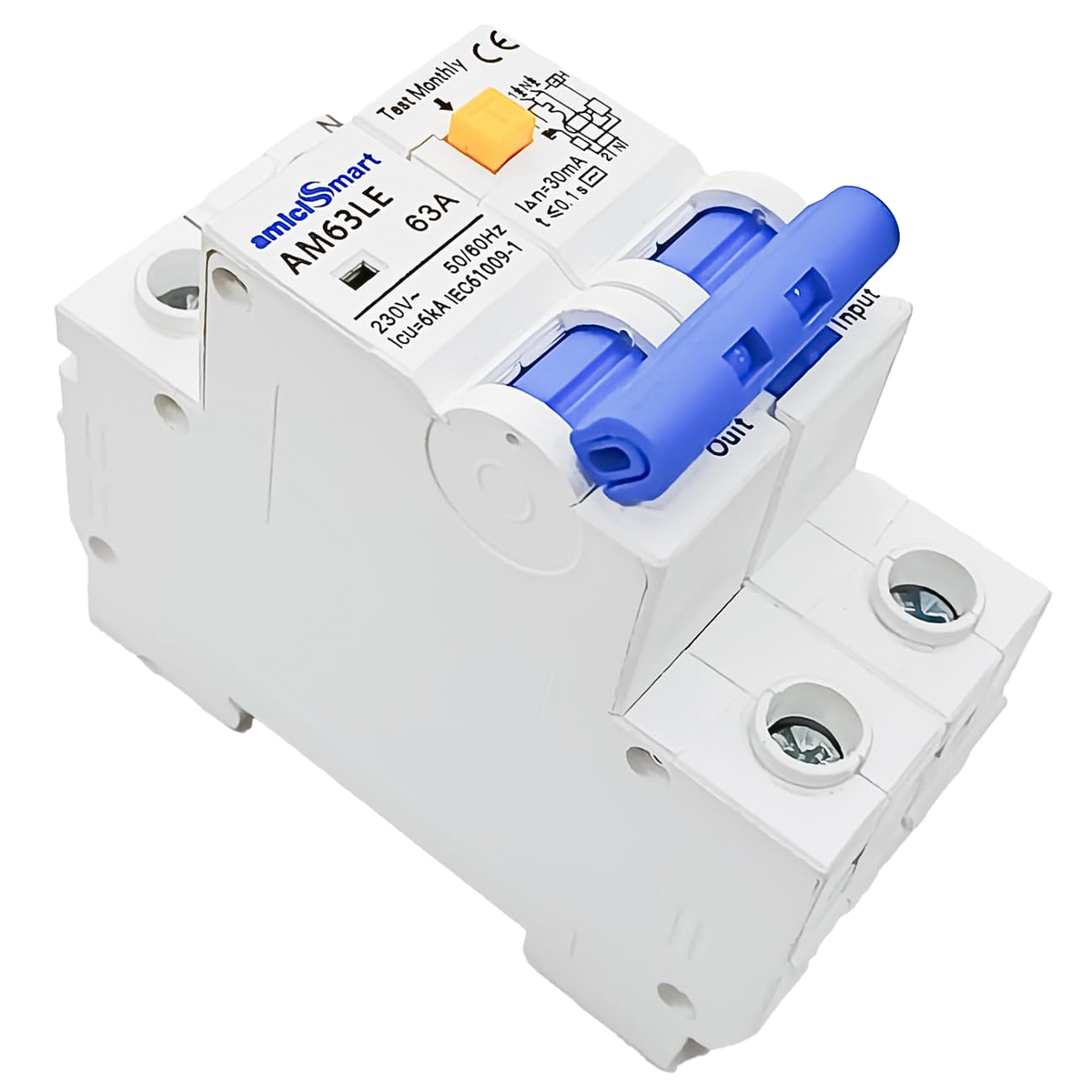 amiciSmart 63A RCBO, angled view