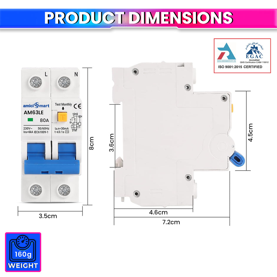 amiciSmart 80A Circuit Breaker with Independent Leakage ON/OFF Switch