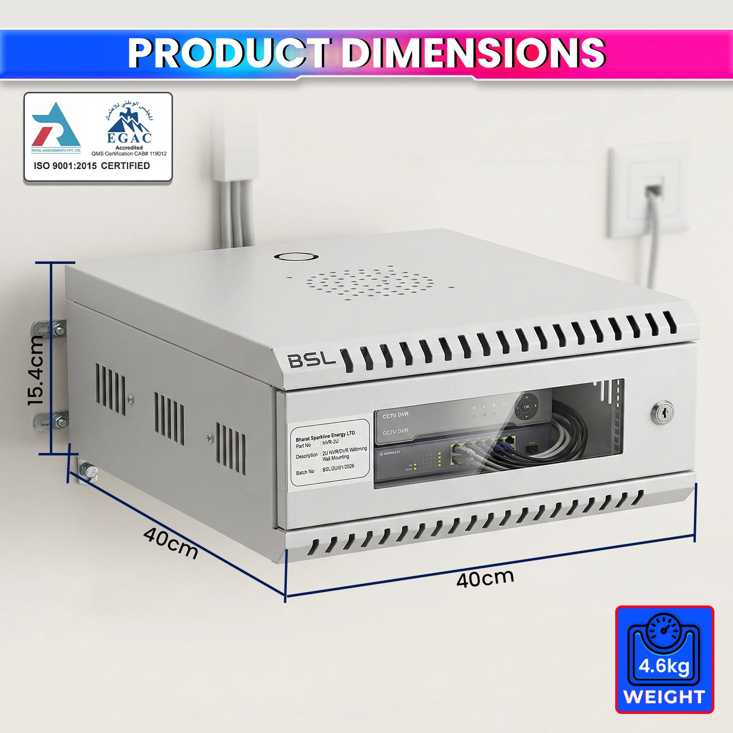 2U CCTV Wall Mount Rack Cabinet with Power Sockets & Acrylic Door