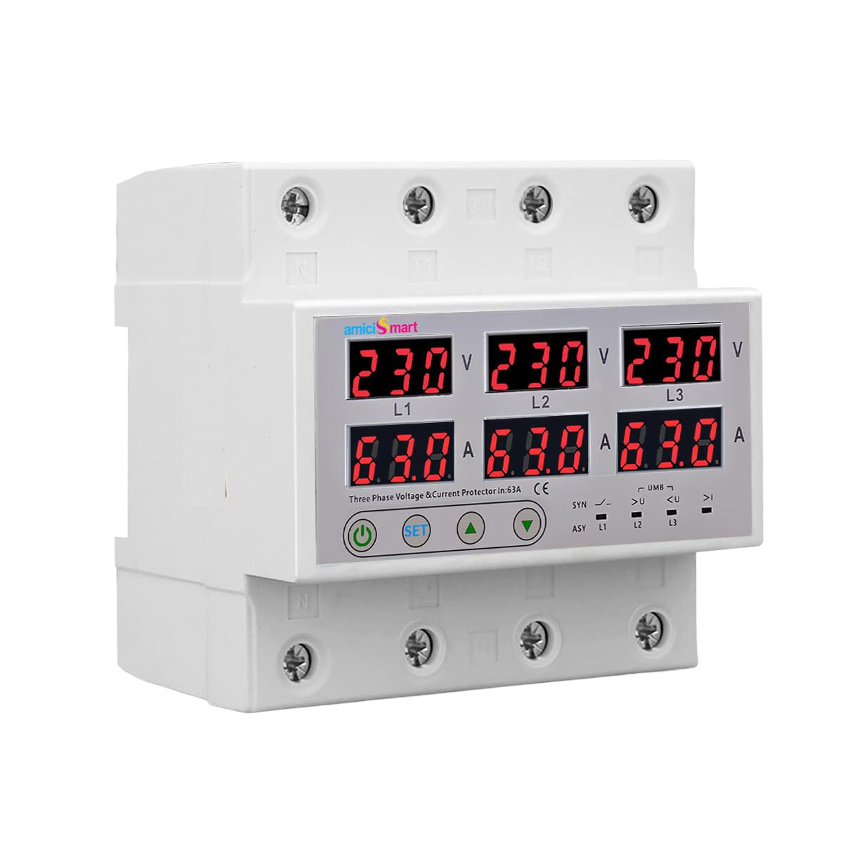 amiciSmart 63A three-phase voltage protector, angled front view