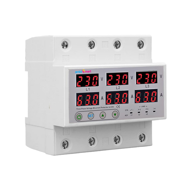 amiciSmart 3-Phase Automatic Over/Under Voltage Protector 63A with Over-Current, Phase-Loss & Phase-Imbalance Protection, Auto-Reconnect & Synchronous & Asynchronous Mode (220VAC, White)