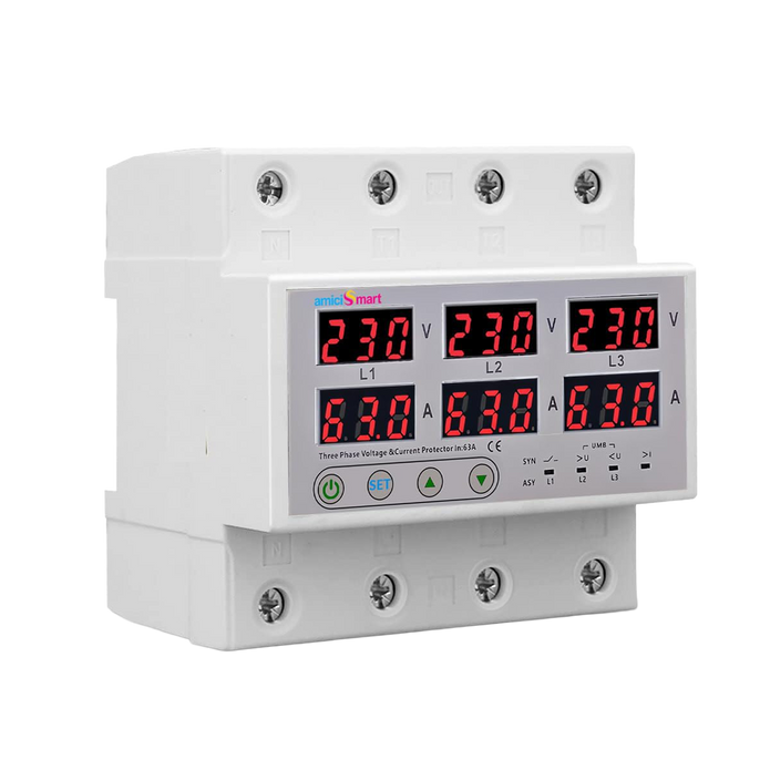 amiciSmart 63A three-phase voltage protector, angled front view