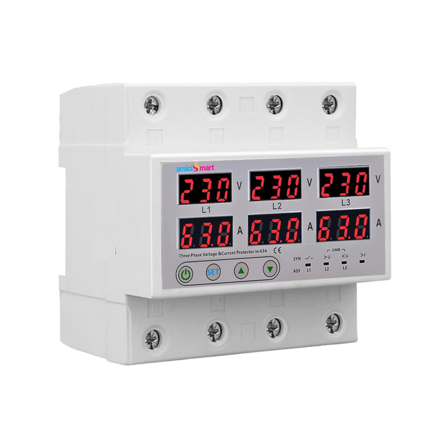 amiciSmart 63A three-phase voltage protector, angled front view