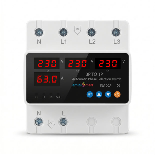 Intelligent 3 Phase to 1 Phase Auto Changeover Switch with Voltage & Overload Protection with Real-Time Display (230VAC)
