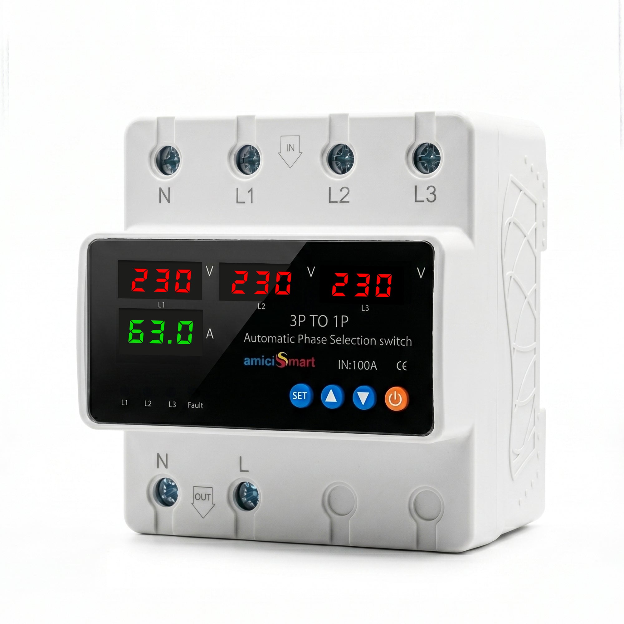 Intelligent 3 Phase to 1 Phase Auto Changeover Switch with Voltage & Overload Protection with Real-Time Display (230VAC)