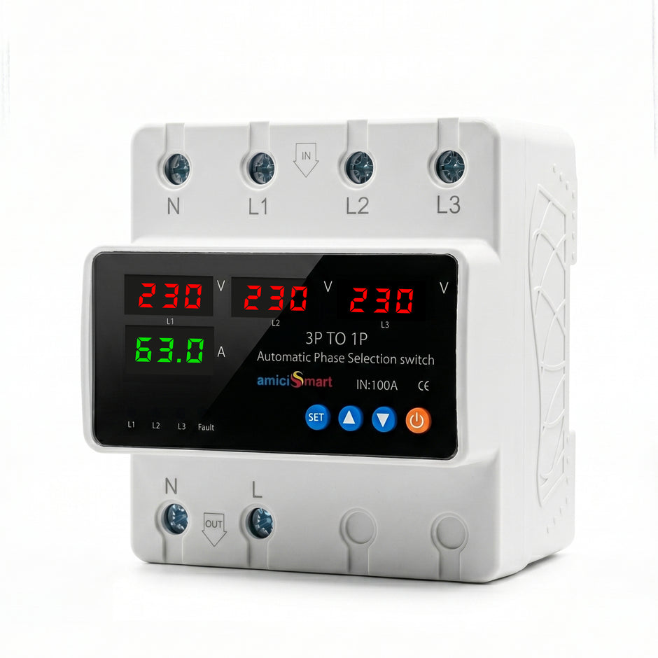Intelligent 3 Phase to 1 Phase Auto Changeover Switch with Voltage & Overload Protection with Real-Time Display (230VAC)