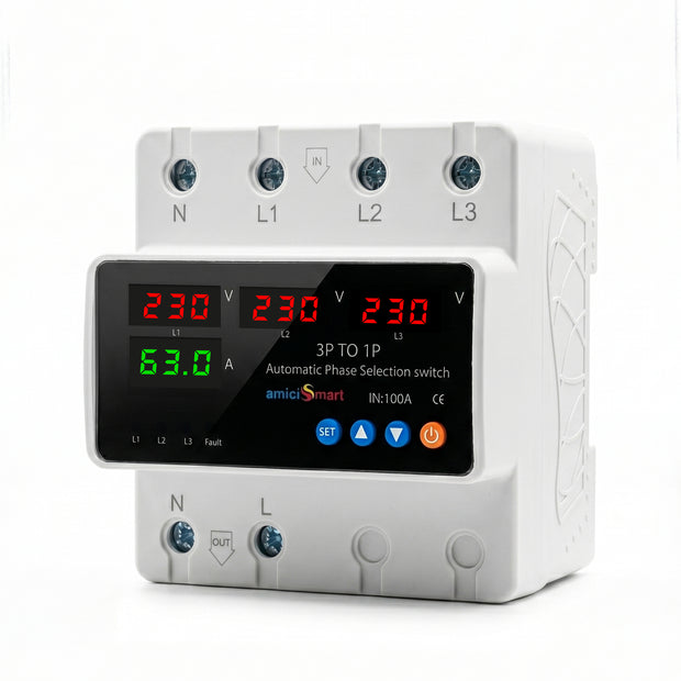 Intelligent 3 Phase to 1 Phase Auto Changeover Switch with Voltage & Overload Protection with Real-Time Display (230VAC)