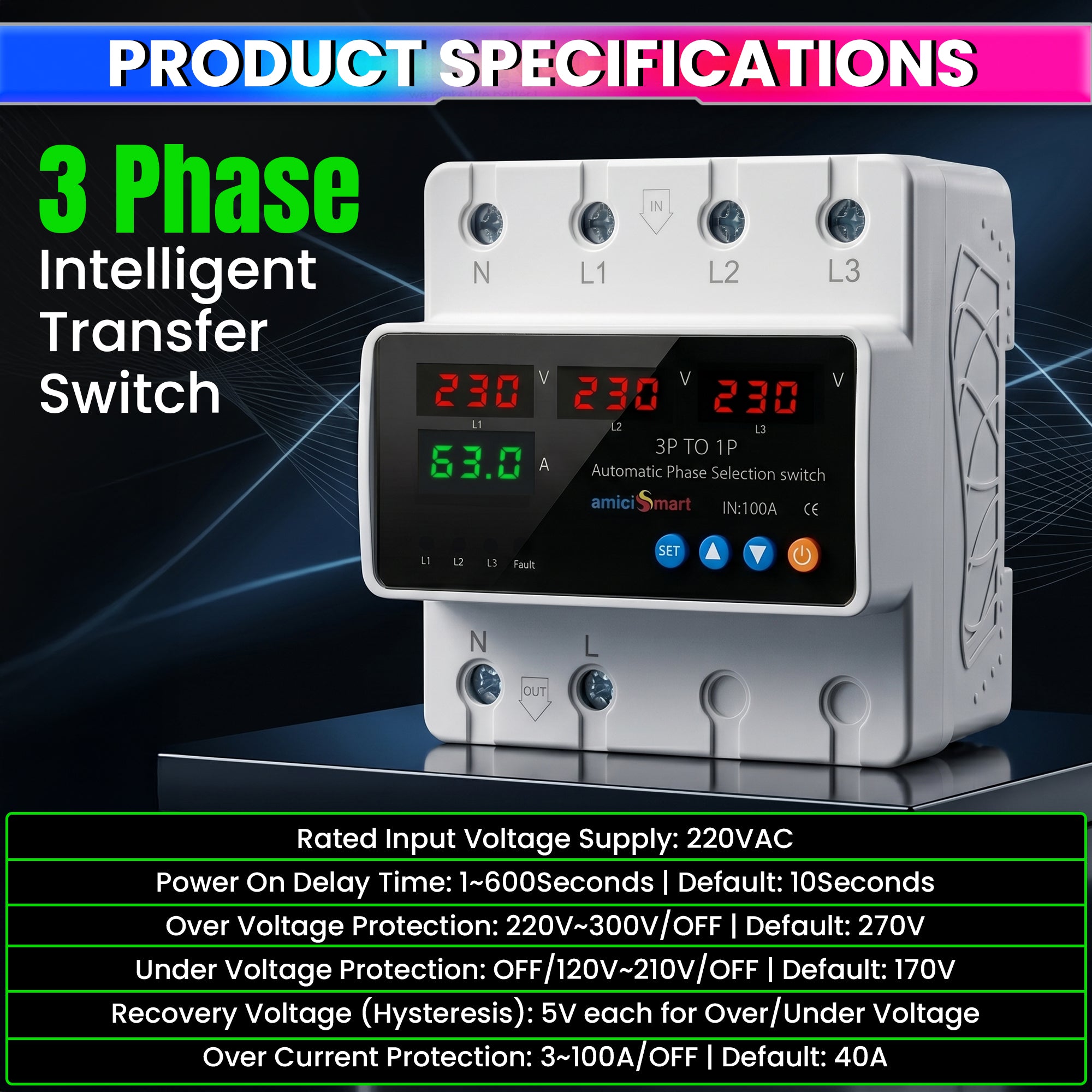 Intelligent 3 Phase to 1 Phase Auto Changeover Switch with Voltage & Overload Protection with Real-Time Display (230VAC)