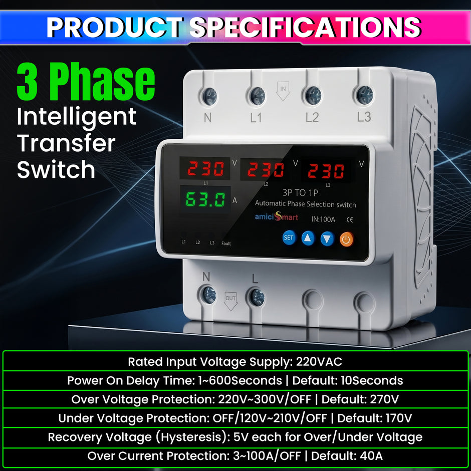 Intelligent 3 Phase to 1 Phase Auto Changeover Switch with Voltage & Overload Protection with Real-Time Display (230VAC)