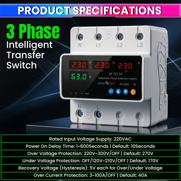 Intelligent 3 Phase to 1 Phase Auto Changeover Switch with Voltage & Overload Protection with Real-Time Display (230VAC)