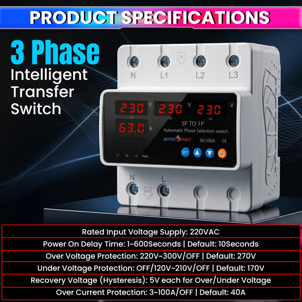 Intelligent 3 Phase to 1 Phase Auto Changeover Switch with Voltage & Overload Protection with Real-Time Display (230VAC)