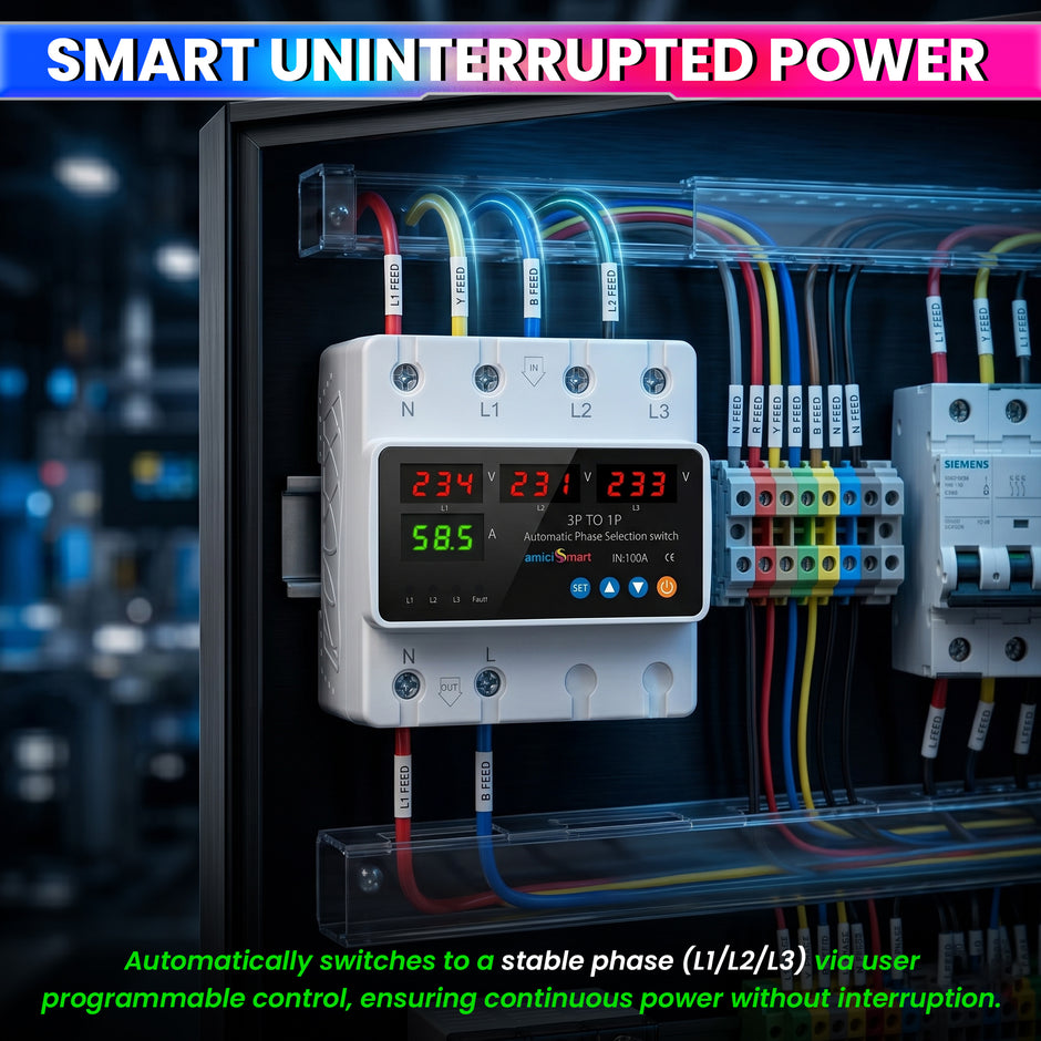 Intelligent 3 Phase to 1 Phase Auto Changeover Switch with Voltage & Overload Protection with Real-Time Display (230VAC)