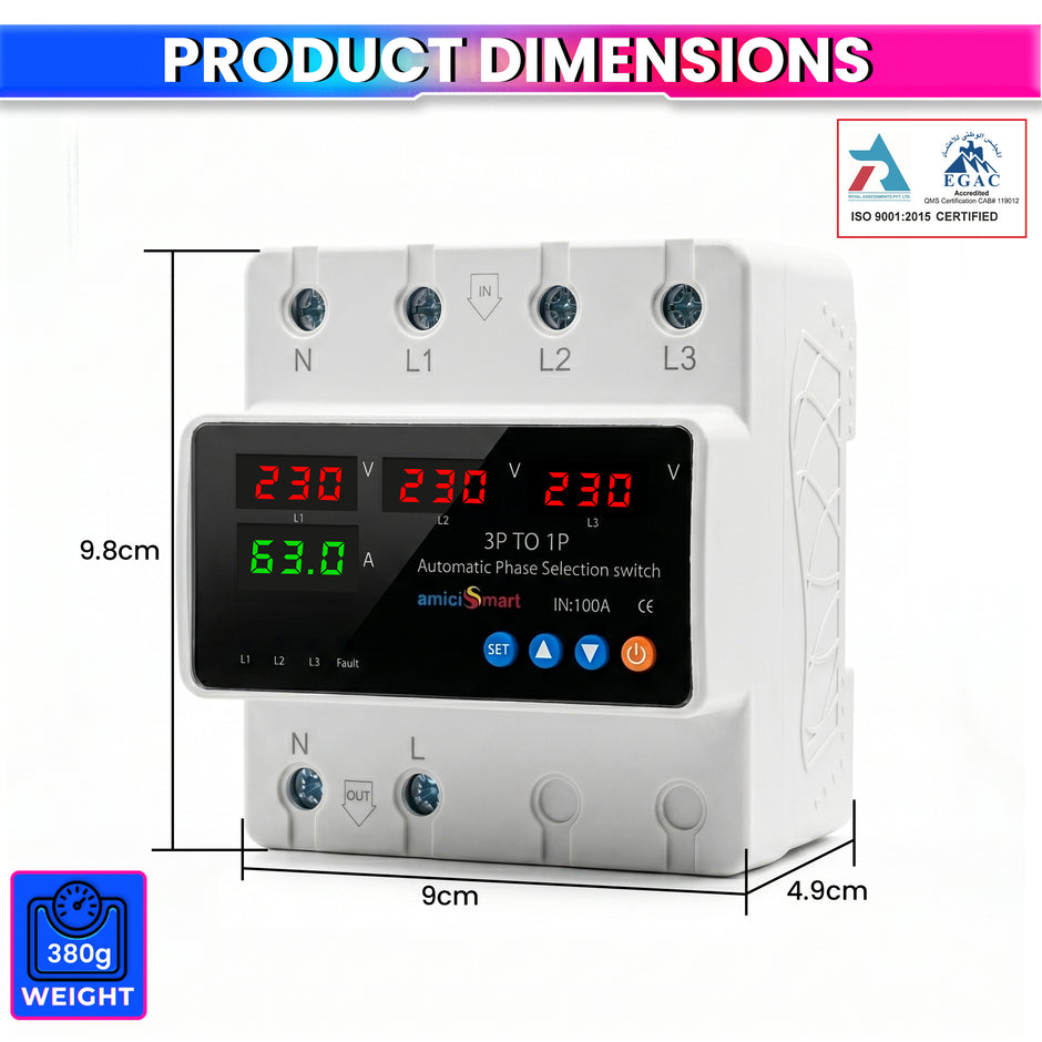Intelligent 3 Phase to 1 Phase Auto Changeover Switch with Voltage & Overload Protection with Real-Time Display (230VAC)