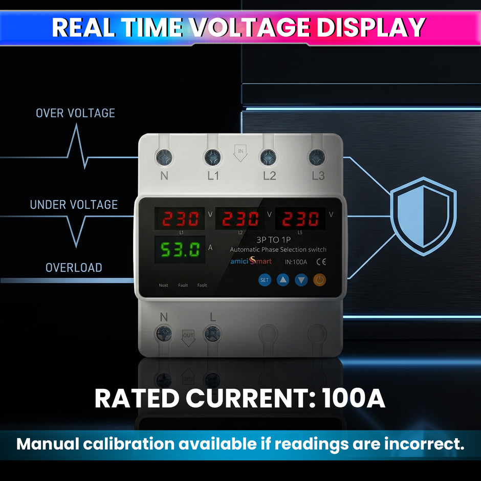 Intelligent 3 Phase to 1 Phase Auto Changeover Switch with Voltage & Overload Protection with Real-Time Display (230VAC)