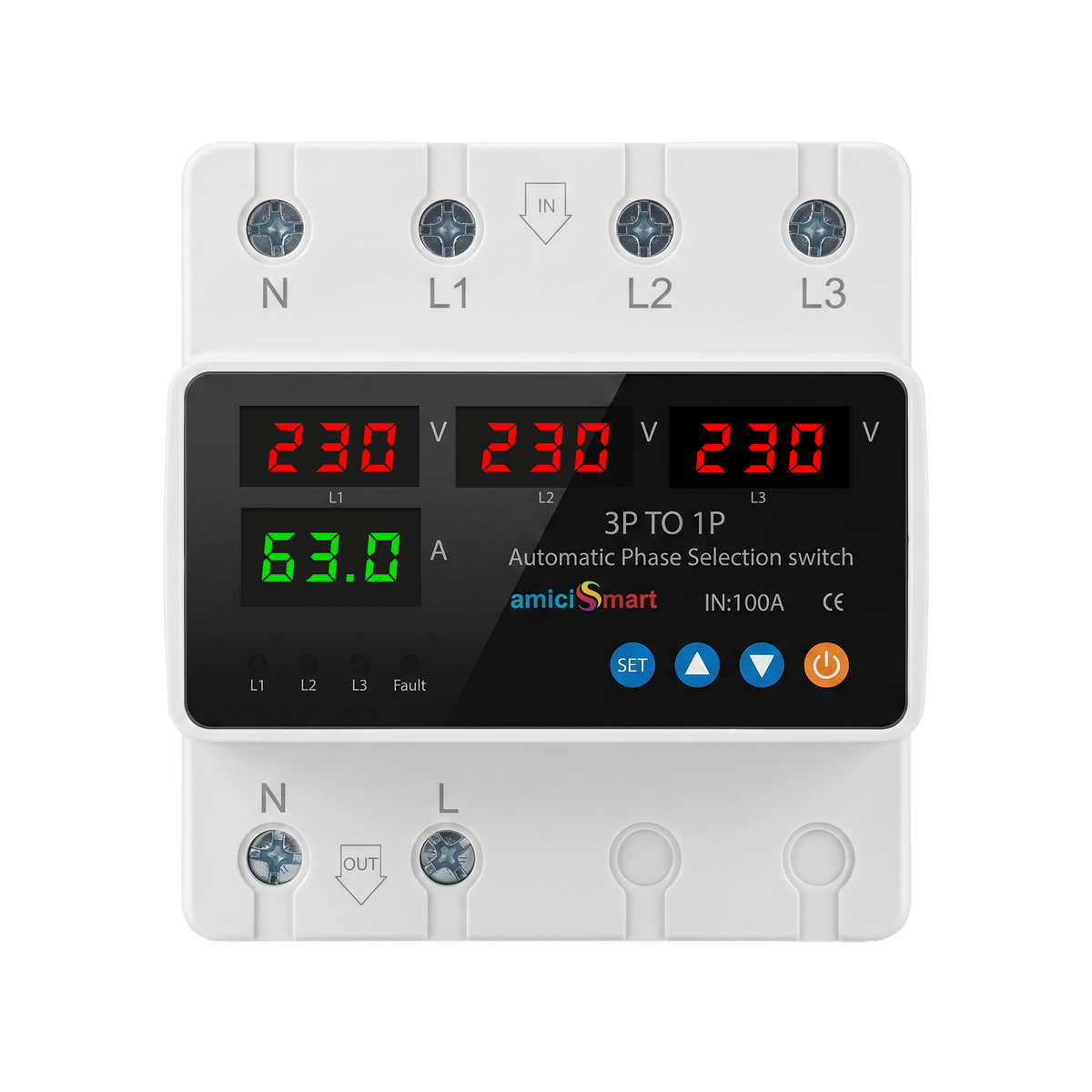 Intelligent 3 Phase to 1 Phase Auto Changeover Switch with Voltage & Overload Protection with Real-Time Display (230VAC)