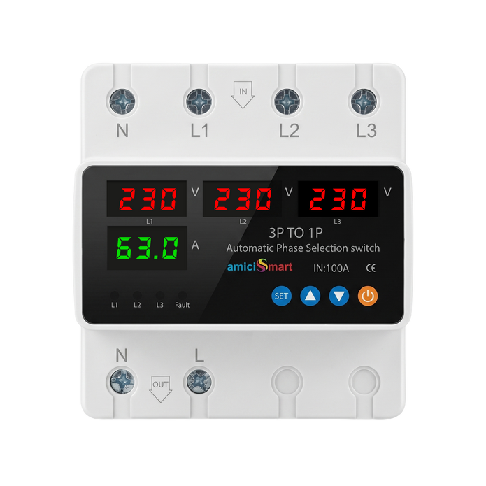Intelligent 3 Phase to 1 Phase Auto Changeover Switch with Voltage & Overload Protection with Real-Time Display (230VAC)
