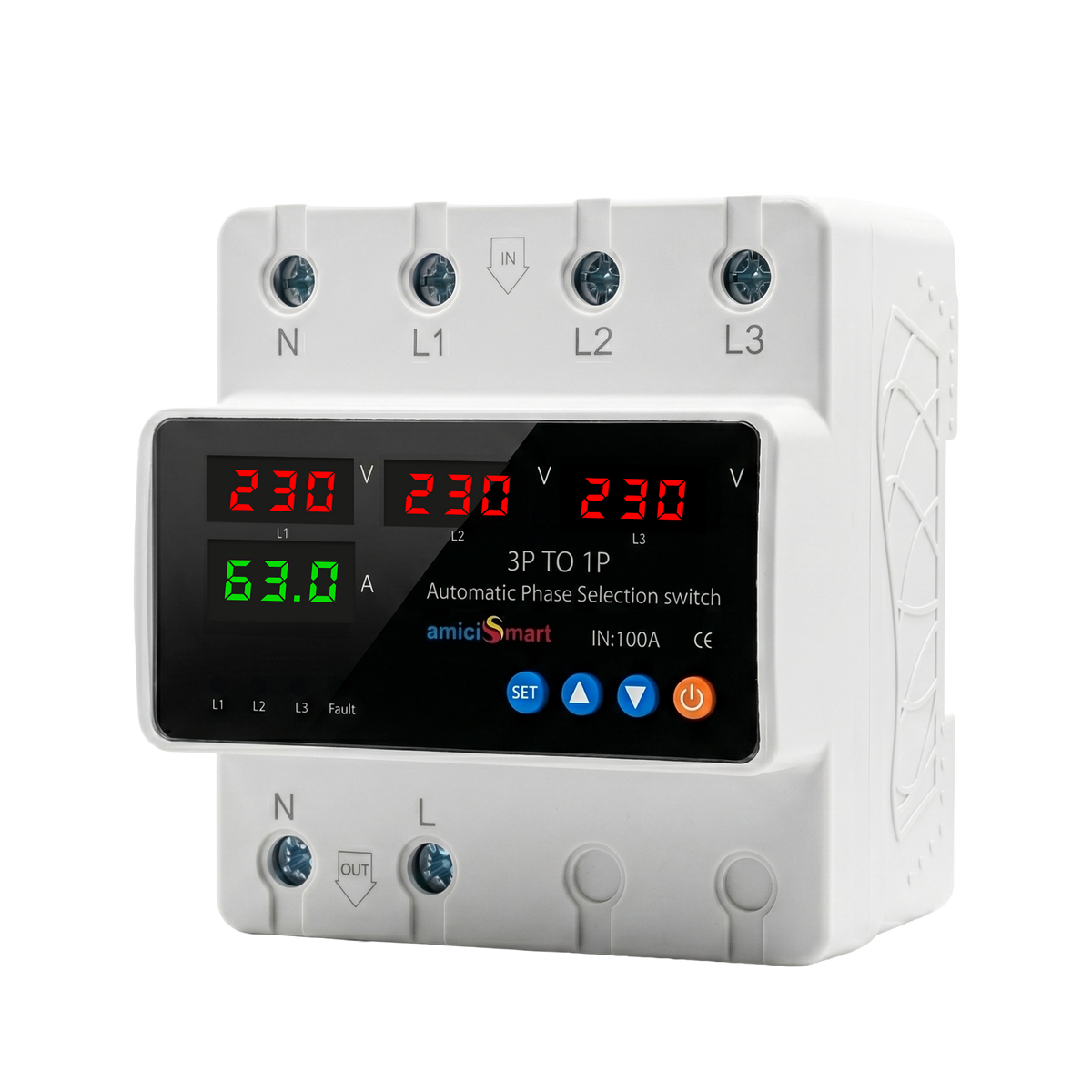 Intelligent 3 Phase to 1 Phase Auto Changeover Switch with Voltage & Overload Protection with Real-Time Display (230VAC)