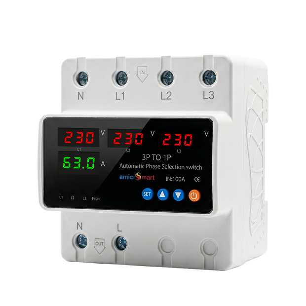 Intelligent 3 Phase to 1 Phase Auto Changeover Switch with Voltage & Overload Protection with Real-Time Display (230VAC)