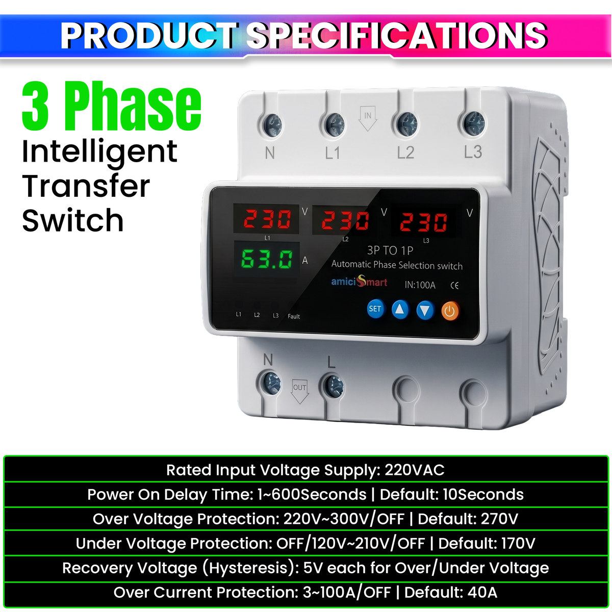 Intelligent 3 Phase to 1 Phase Auto Changeover Switch with Voltage & Overload Protection with Real-Time Display (230VAC)