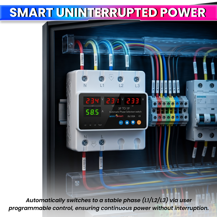 Intelligent 3 Phase to 1 Phase Auto Changeover Switch with Voltage & Overload Protection with Real-Time Display (230VAC)