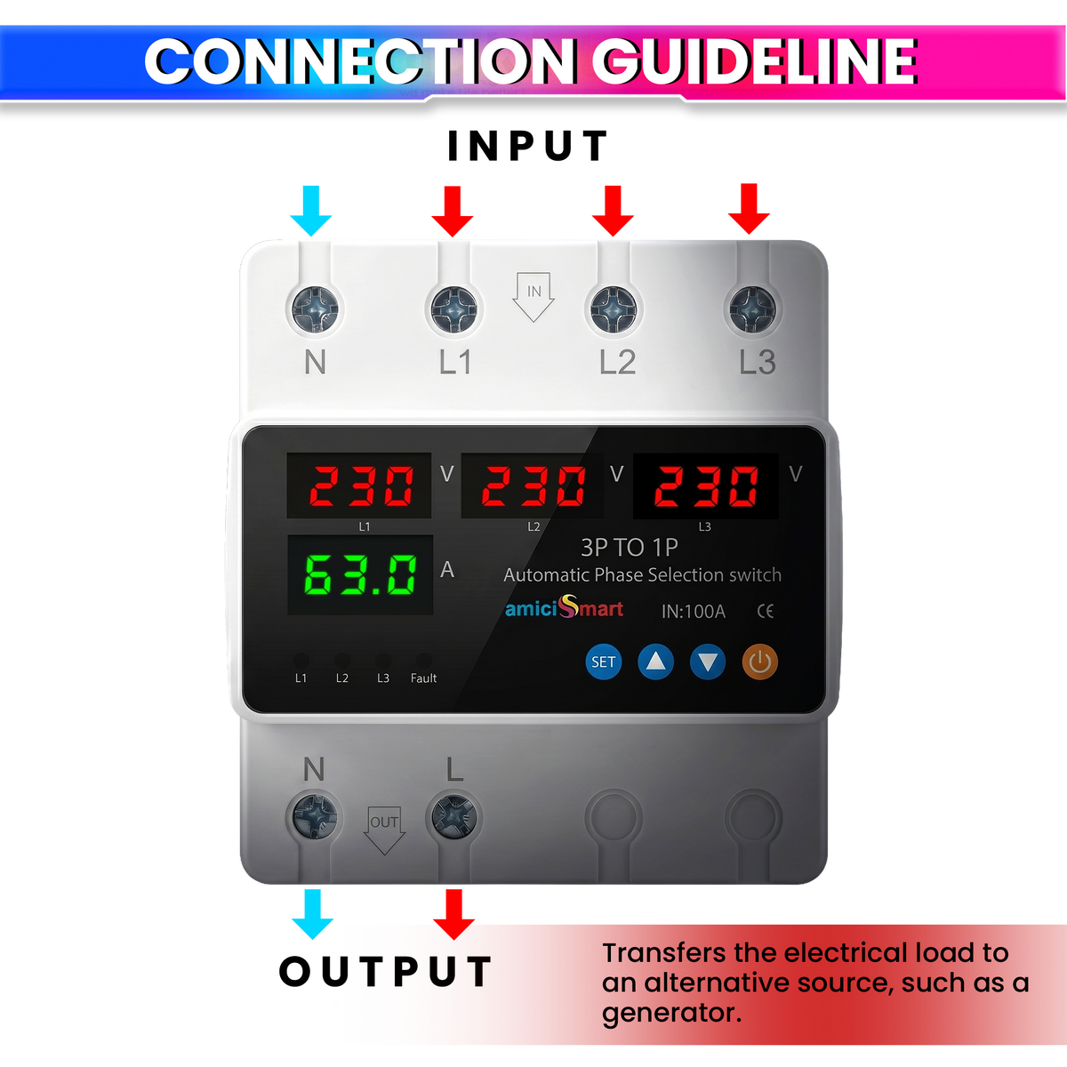 Intelligent 3 Phase to 1 Phase Auto Changeover Switch with Voltage & Overload Protection with Real-Time Display (230VAC)