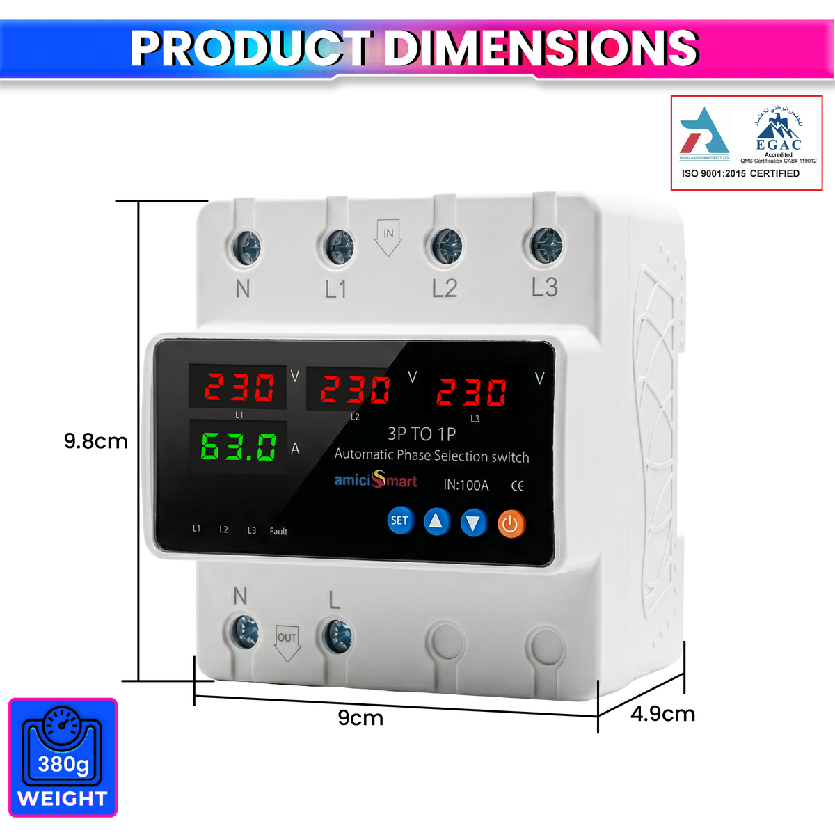 Intelligent 3 Phase to 1 Phase Auto Changeover Switch with Voltage & Overload Protection with Real-Time Display (230VAC)