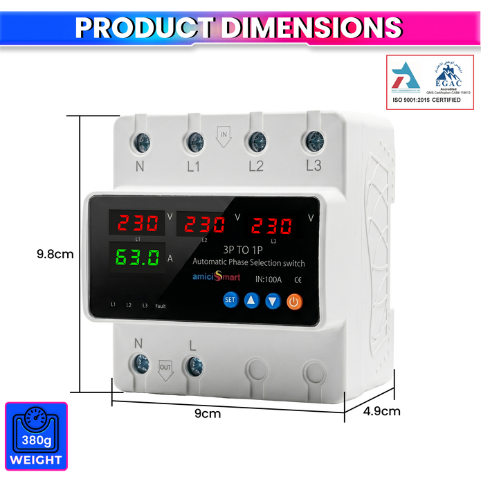Intelligent 3 Phase to 1 Phase Auto Changeover Switch with Voltage & Overload Protection with Real-Time Display (230VAC)