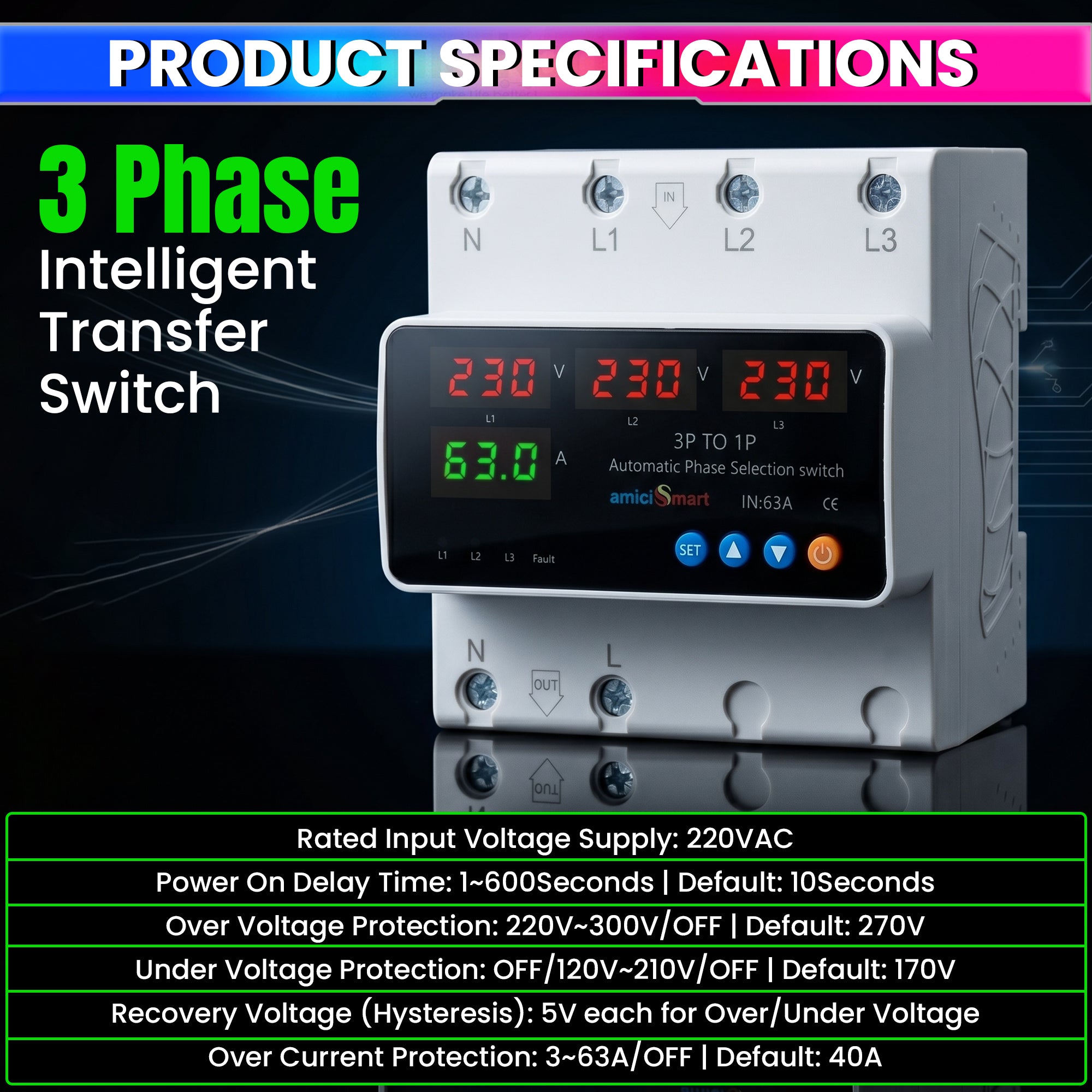 Intelligent 3 Phase to 1 Phase Changeover Switch, 230VAC Control Transfer Switch